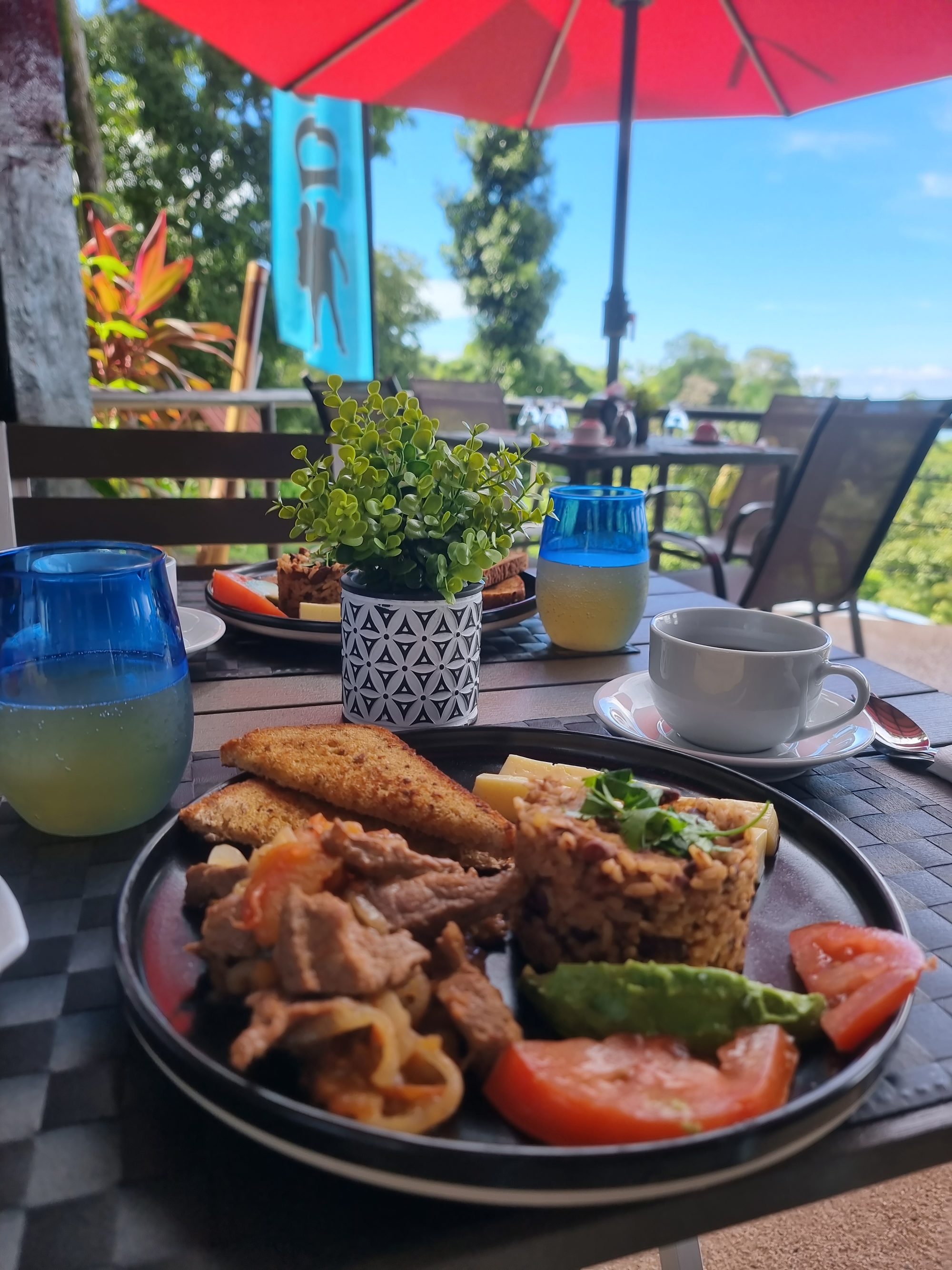 Costa Rican breakfast under a red umbrella, with jungle and open sky beyond the terrace