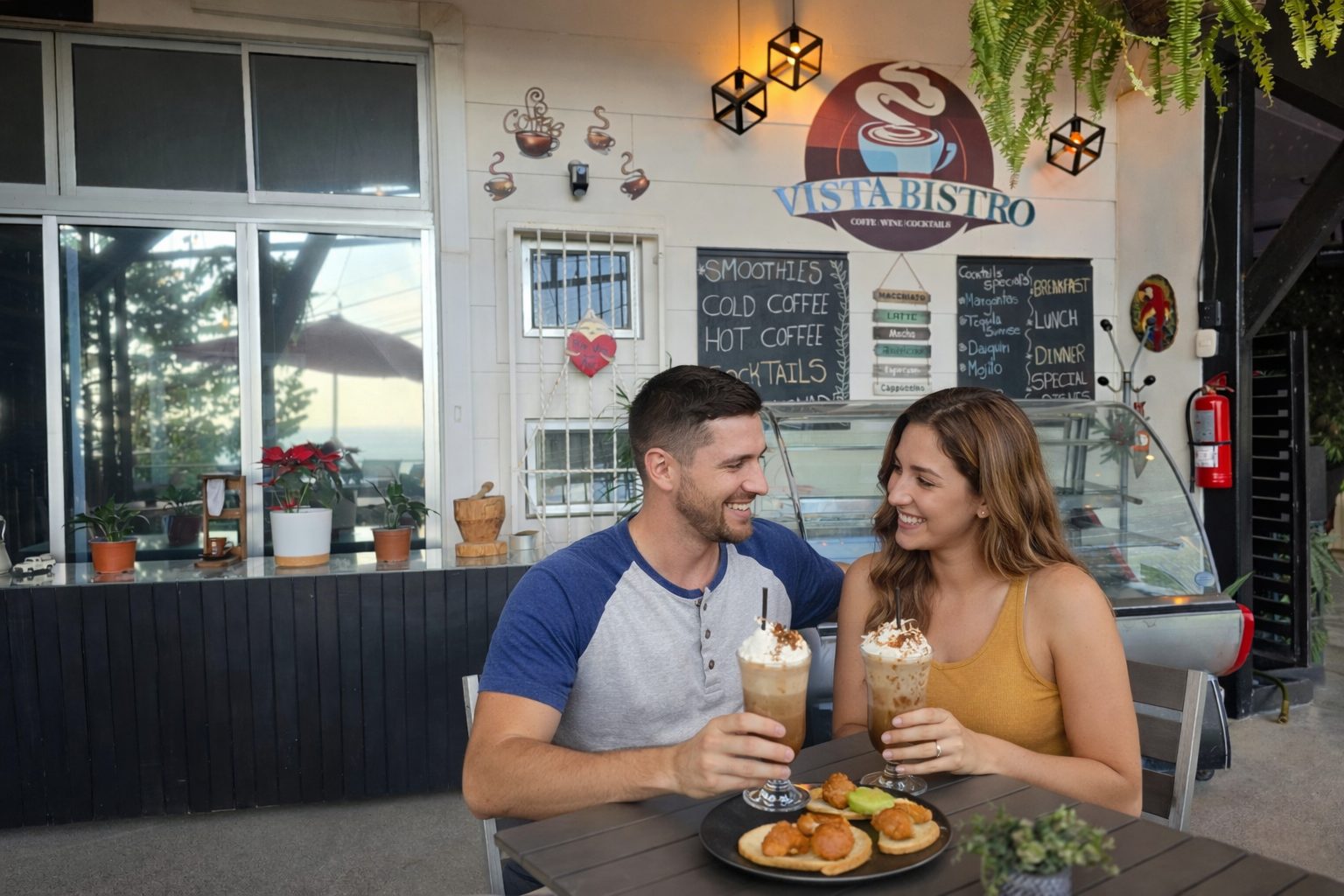 Two guests sharing tall cold coffees in front of the Vista Bistro board